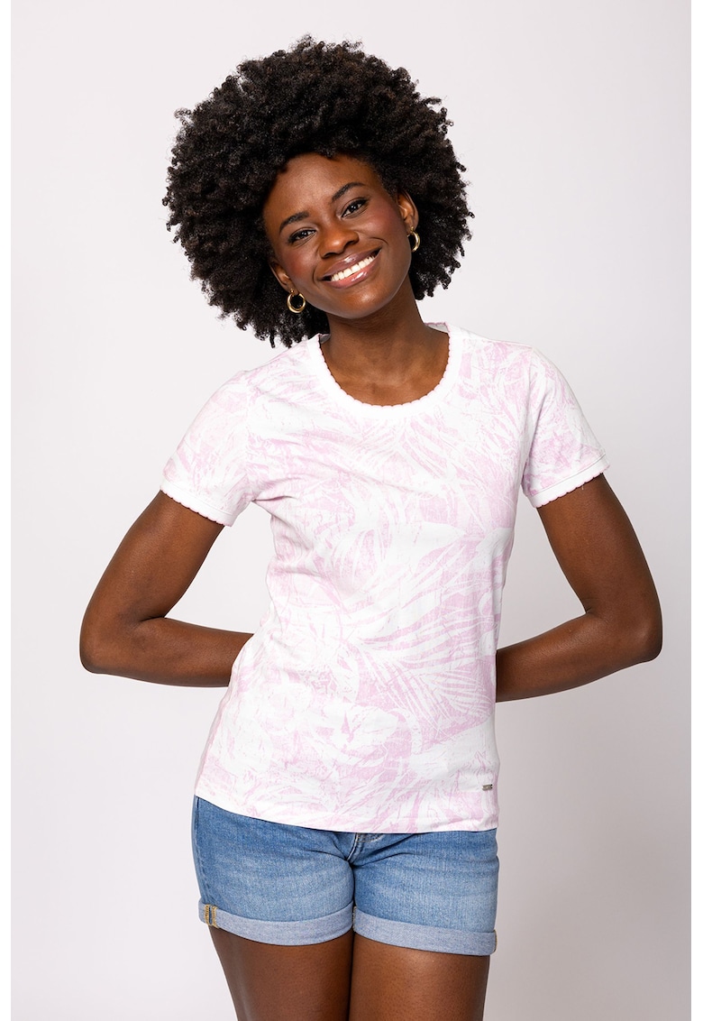 Tricou cu imprimeu si decolteu la baza gatului Metera - Alb/Roz pastel