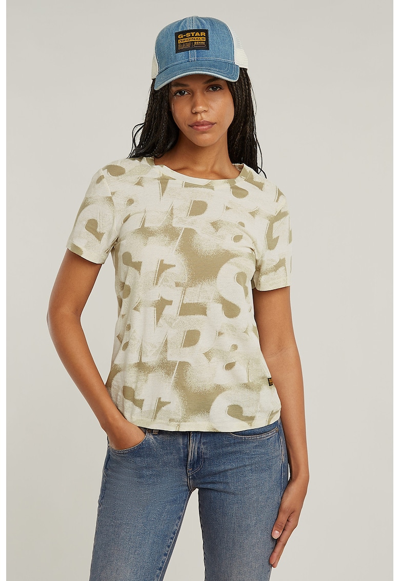 Tricou cu model logo - Alb murdar/Verde fistic