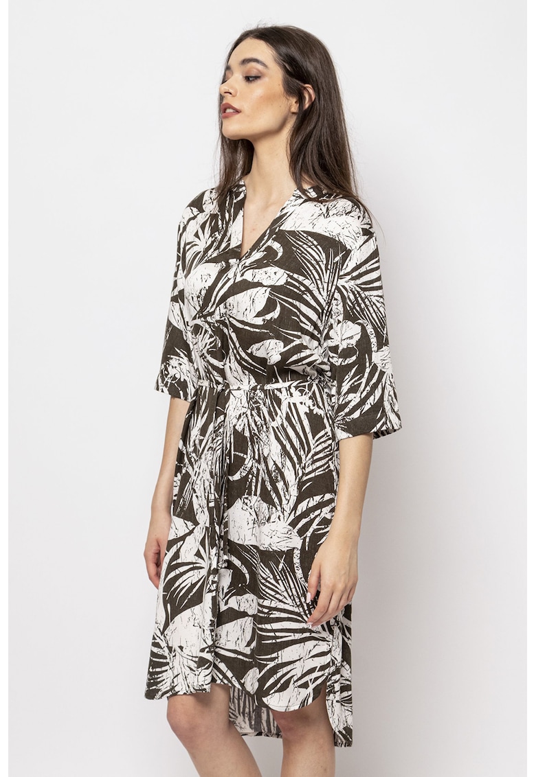 Rochie cu model si cordon in talie - Kaki inchis/Alb murdar