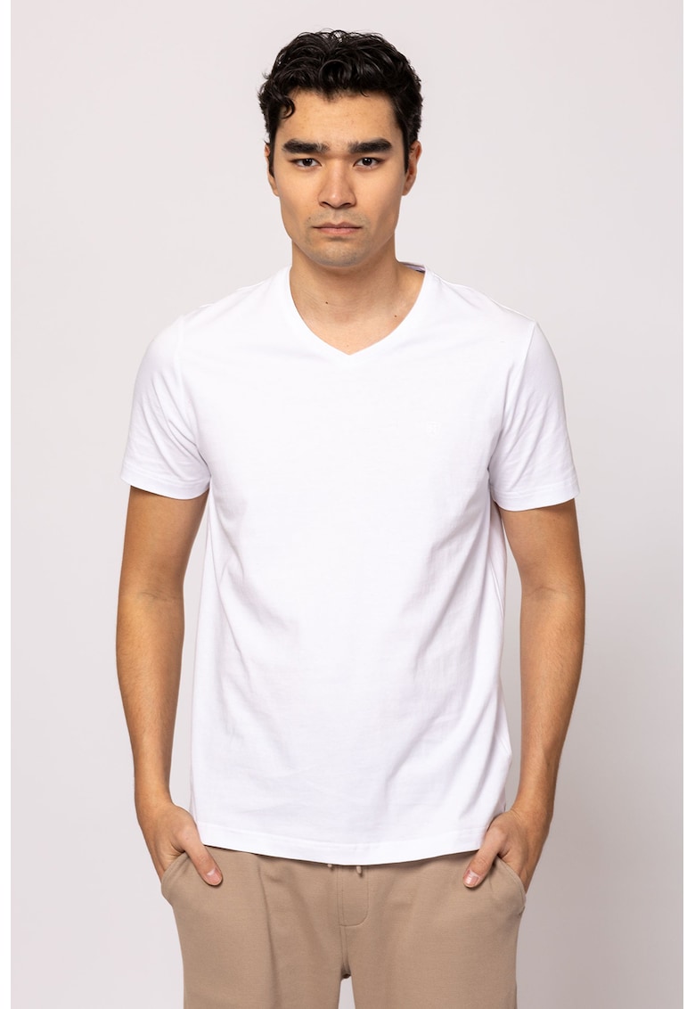 Tricou cu decolteu in V si model uni Money - Alb optic