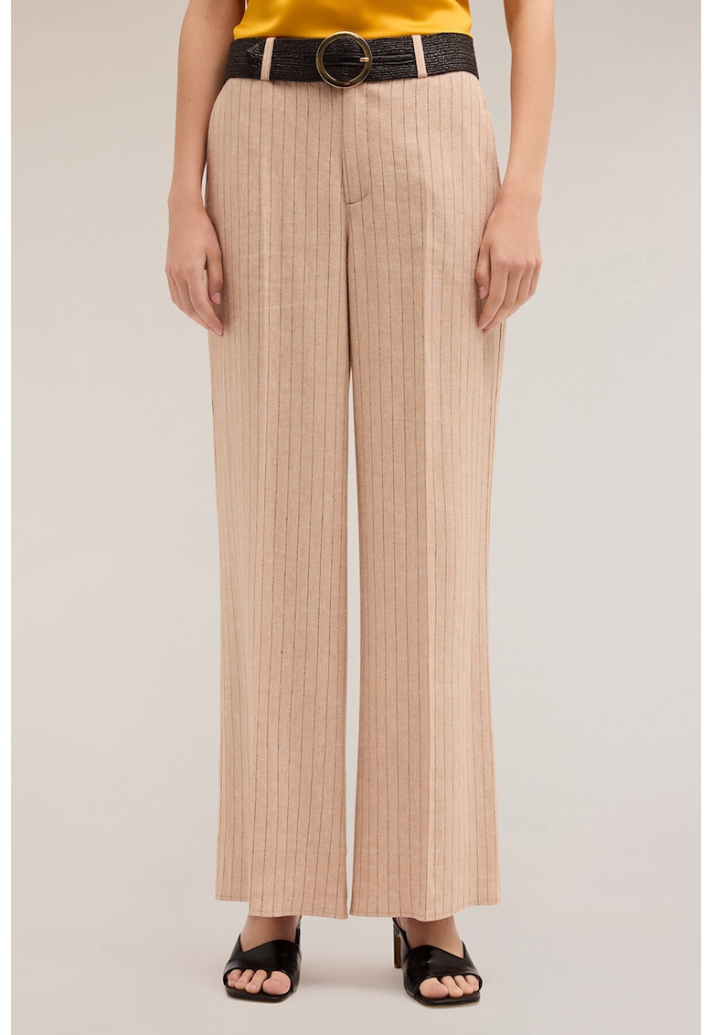Pantaloni ampli din amestec de in cu dungi - Bej inchis