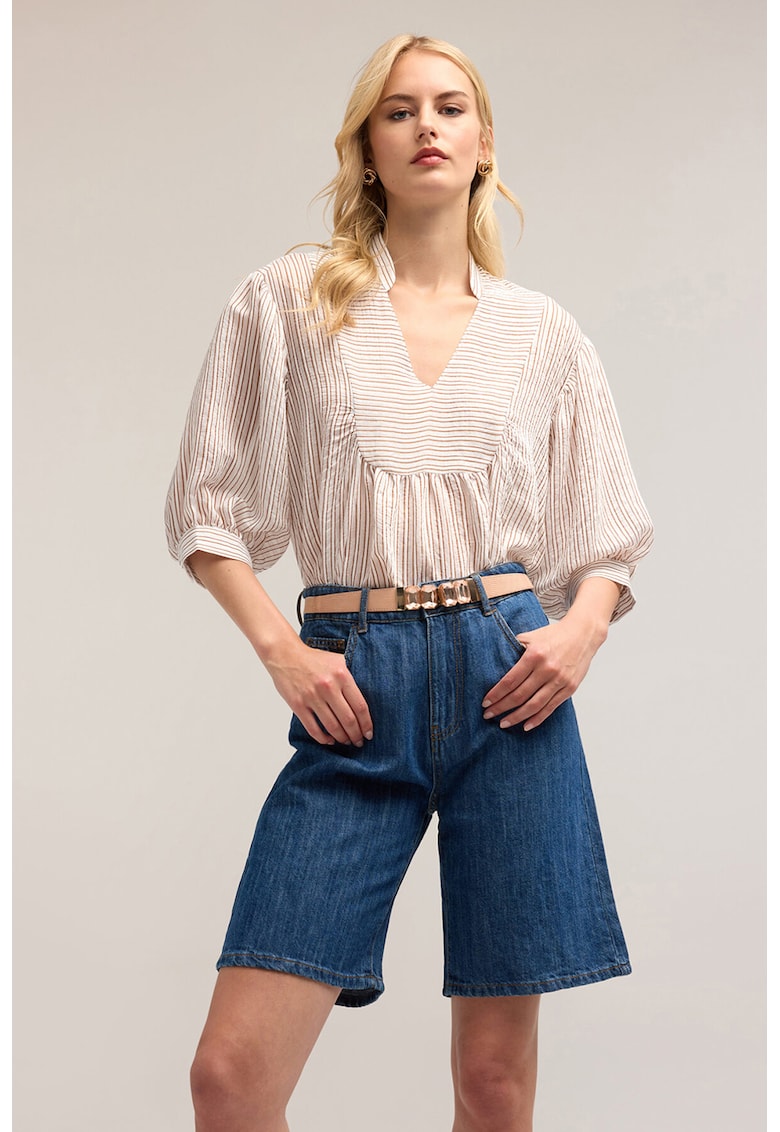 Bluza in dungi cu maneci bufante - Maro/Bej