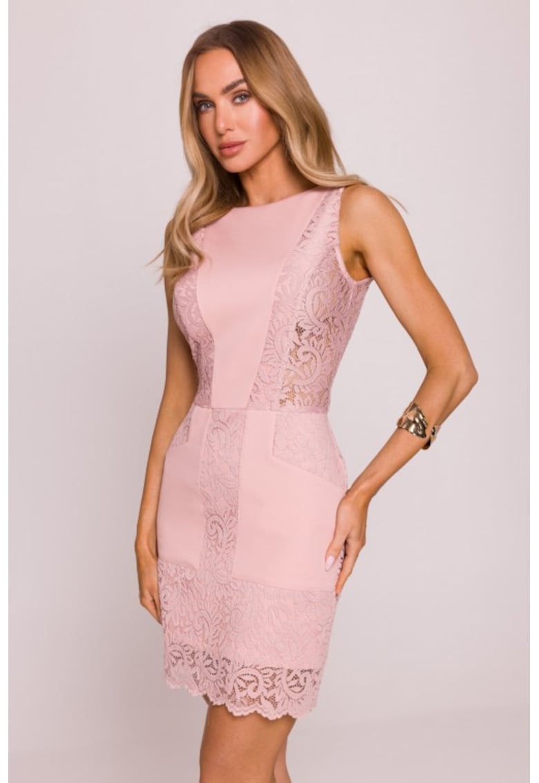 Rochie tip creion cu insertii din dantela - - Roz pudrat
