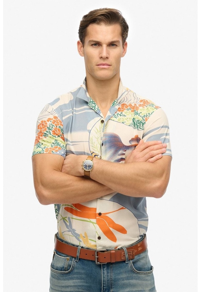 Camasa cu model floral si guler ascutit - Albastru prafuit/Bej deschis
