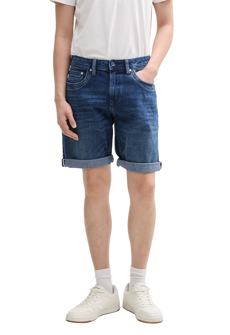 Bermude din denim cu terminatii plisate - Bleumarin