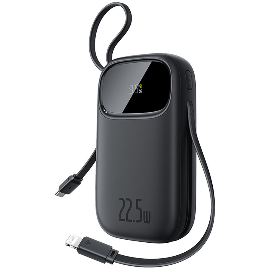 Acumulator extern EnerFill FC31, 22.5W, USB-C, Lightning, USB-A, Cabluri integrate, Display LED, Negru