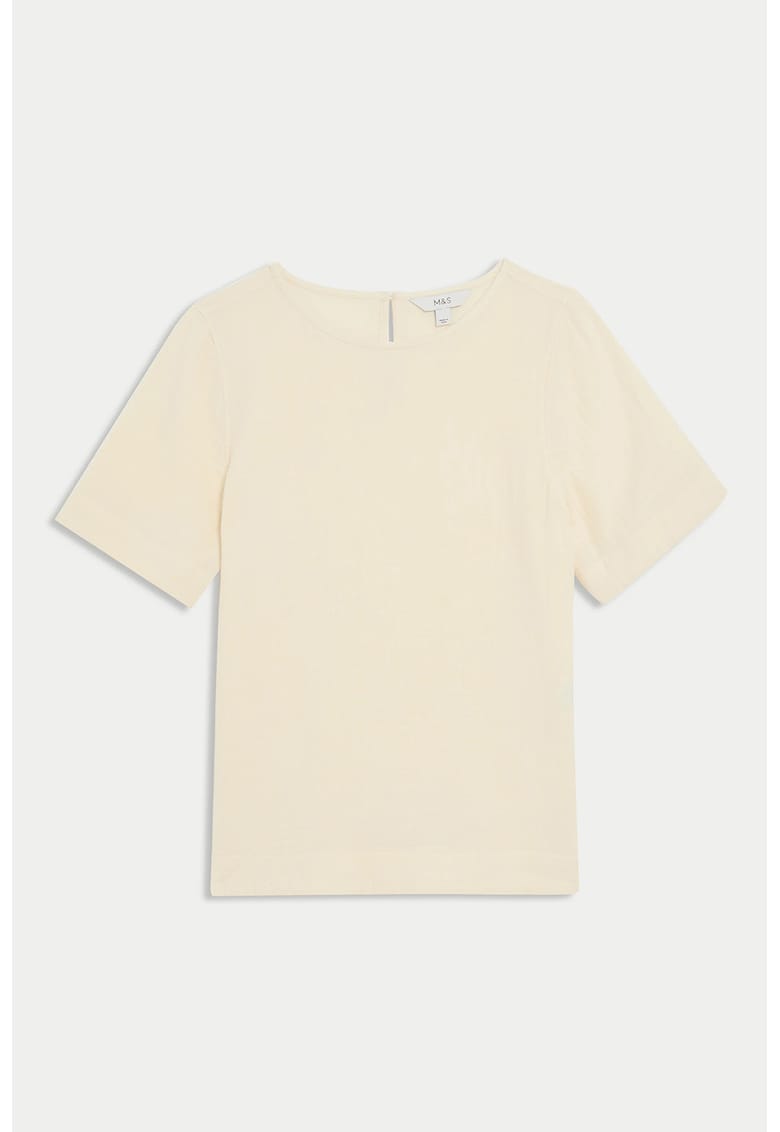 Tricou de bumbac cu decolteu rotund - Crem