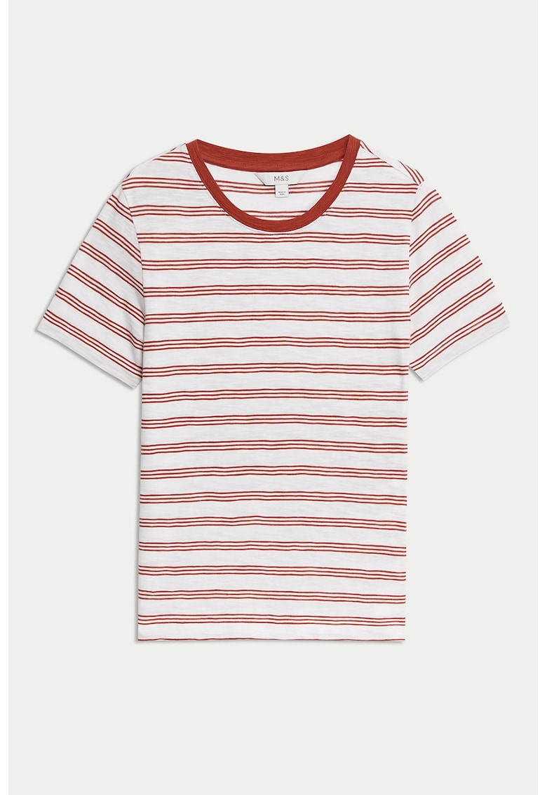 Tricou cu decolteu rotund si model in dungi - Maro/Alb murdar