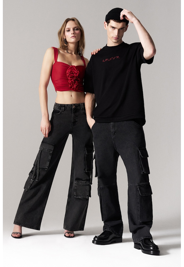 Blugi cargo cu talie inalta - Negru stins