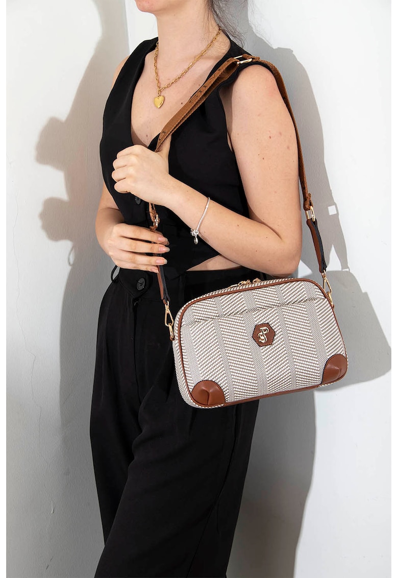 Geanta crossbody cu bareta detasabila - Alb/Maro