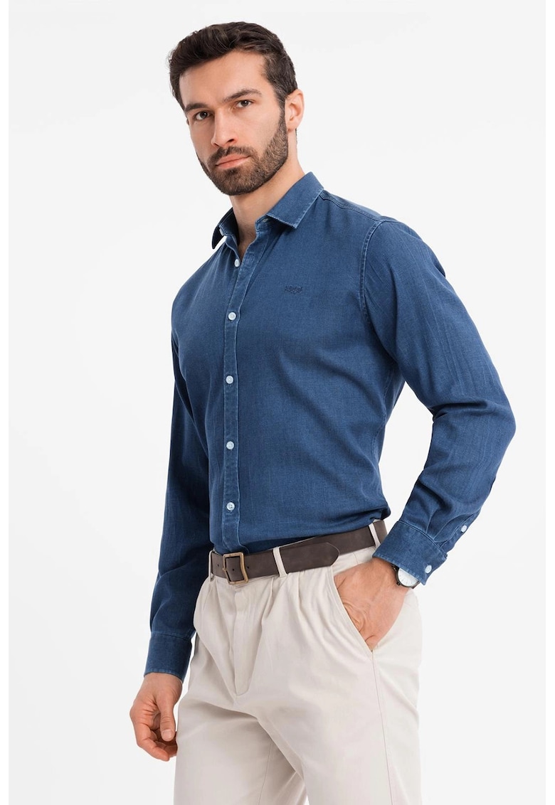 Camasa din material chambray cu maneci lungi - Albastru inchis