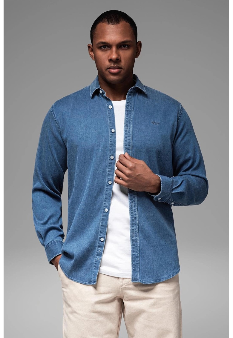 Camasa din material chambray cu maneci lungi - Albastru