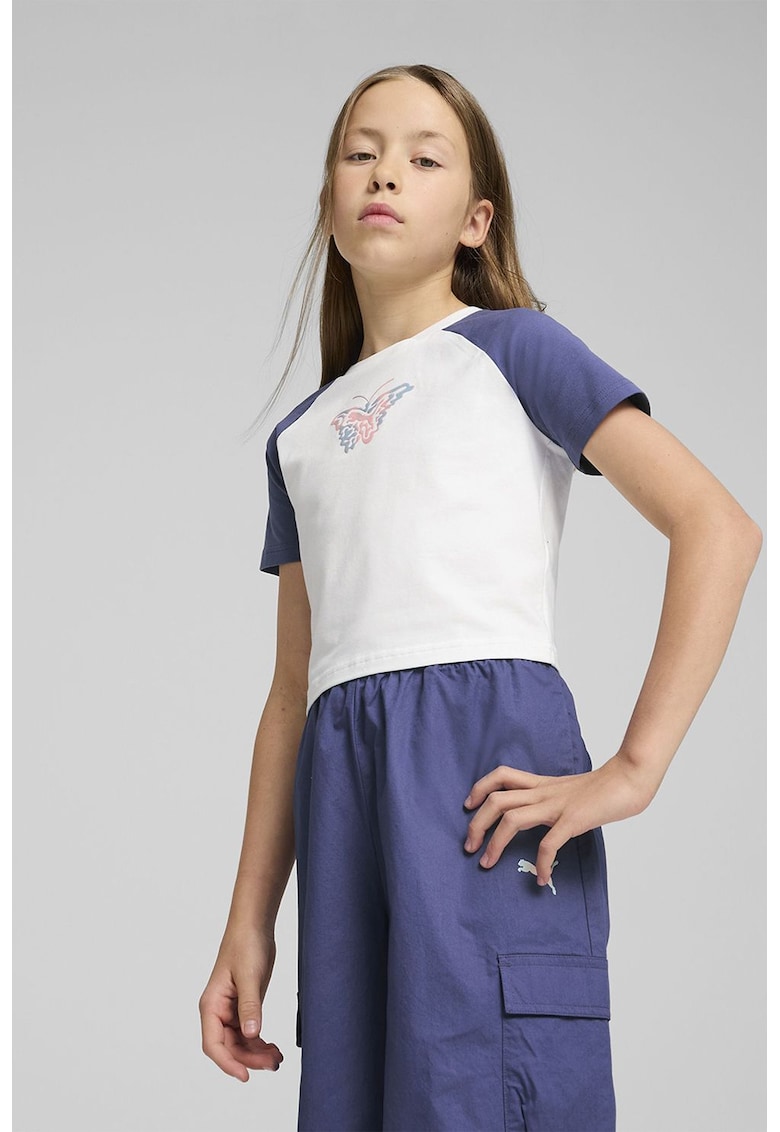 Tricou crop cu model grafic - Alb/Albastru prafuit