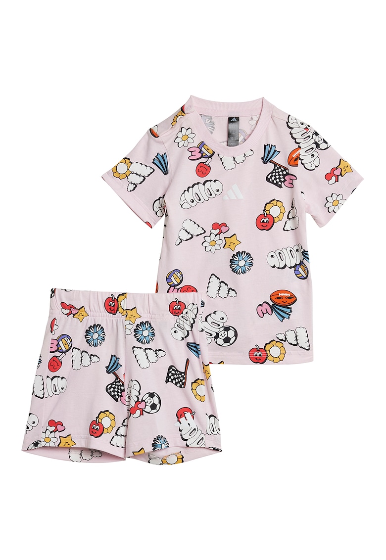 Set de pantaloni scurti si tricou cu imprimeu - 2 piese - Alb/Galben pai/Roz pal