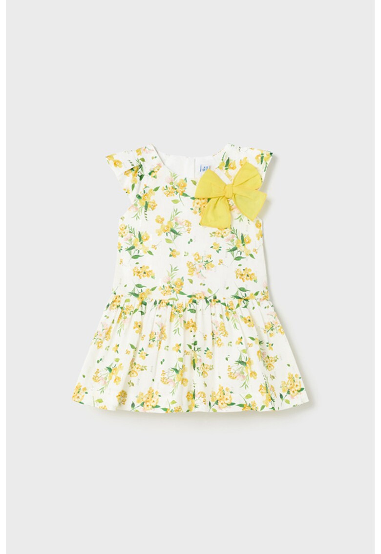 Rochie evazata cu model floral si aplicati funda - Alb/Galben