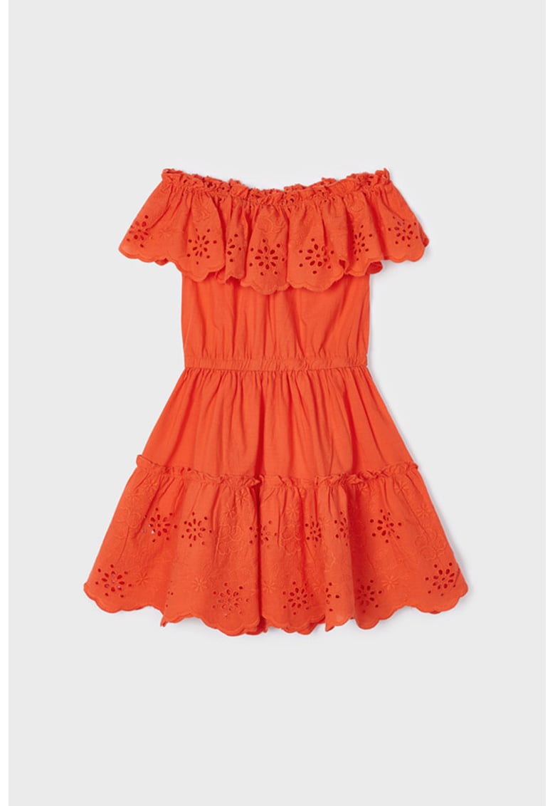 Rochie evazata cu insertii de broderie anglaise - Portocaliu mandarina