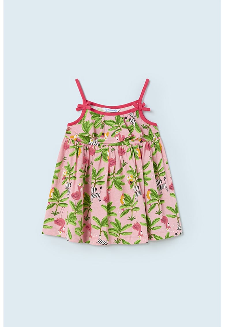 Rochie evazata cu model tropical - Verde/Roz