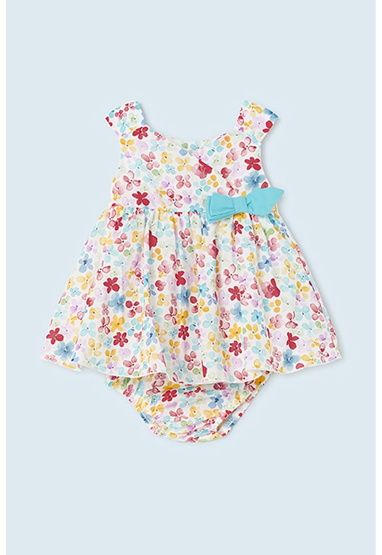 Rochie cu model floral si funda - Alb/Turcoaz/Roz