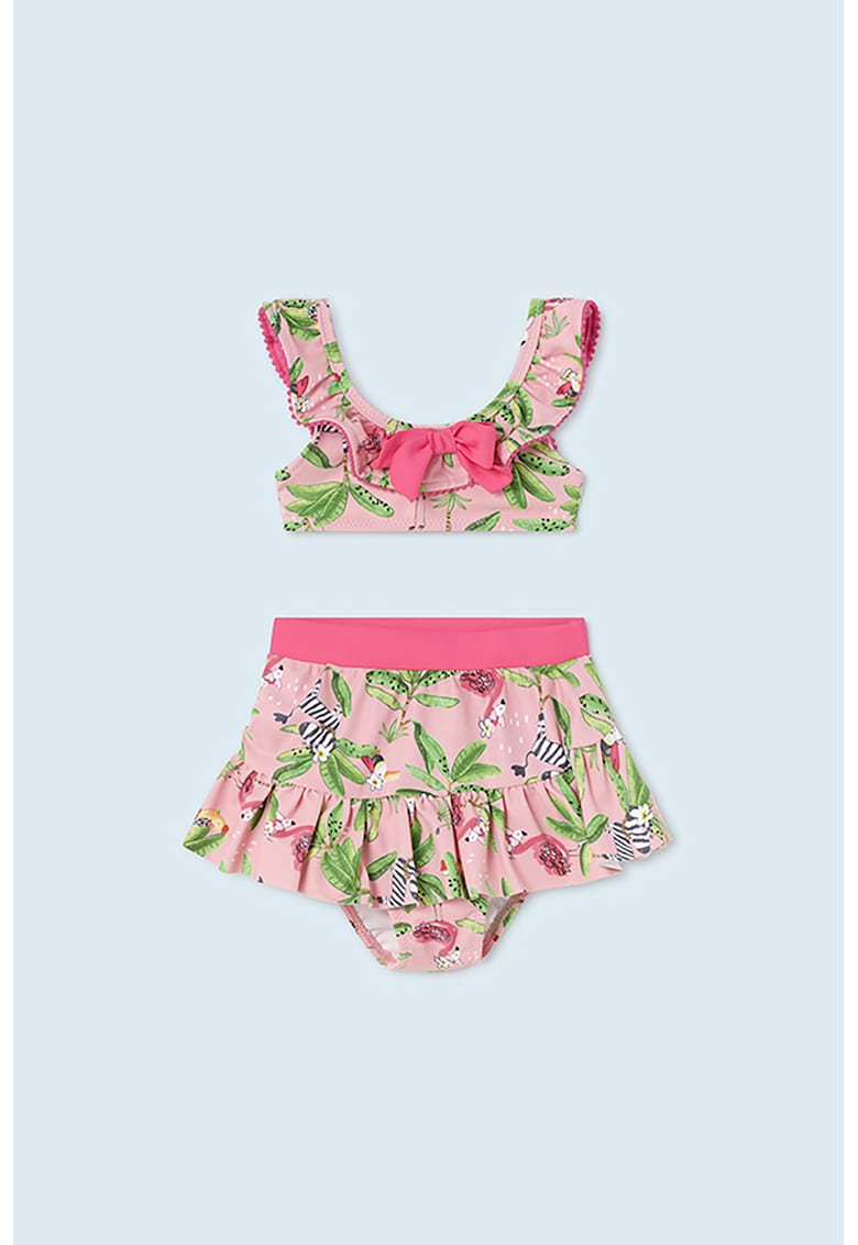 Costum de baie cu doua piese si imprimeu tropical - Roz pastel