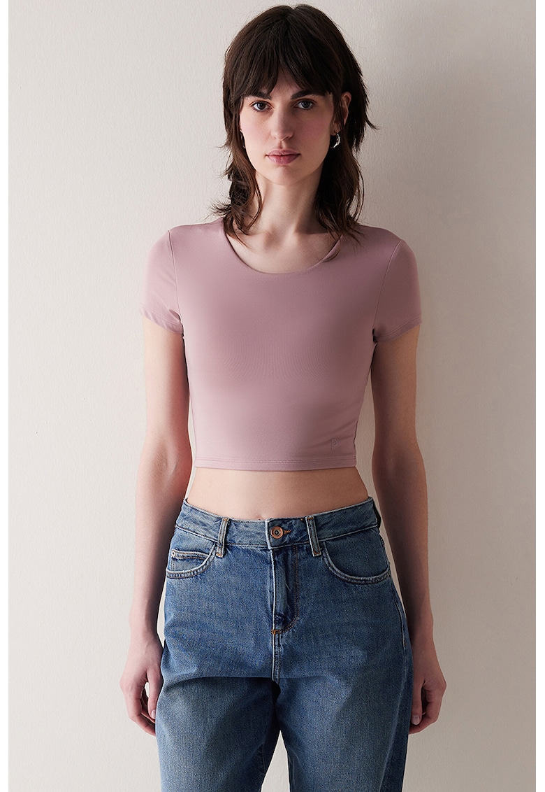 Tricou crop cu model uni si decupaj pe partea din spate - Roz prafuit