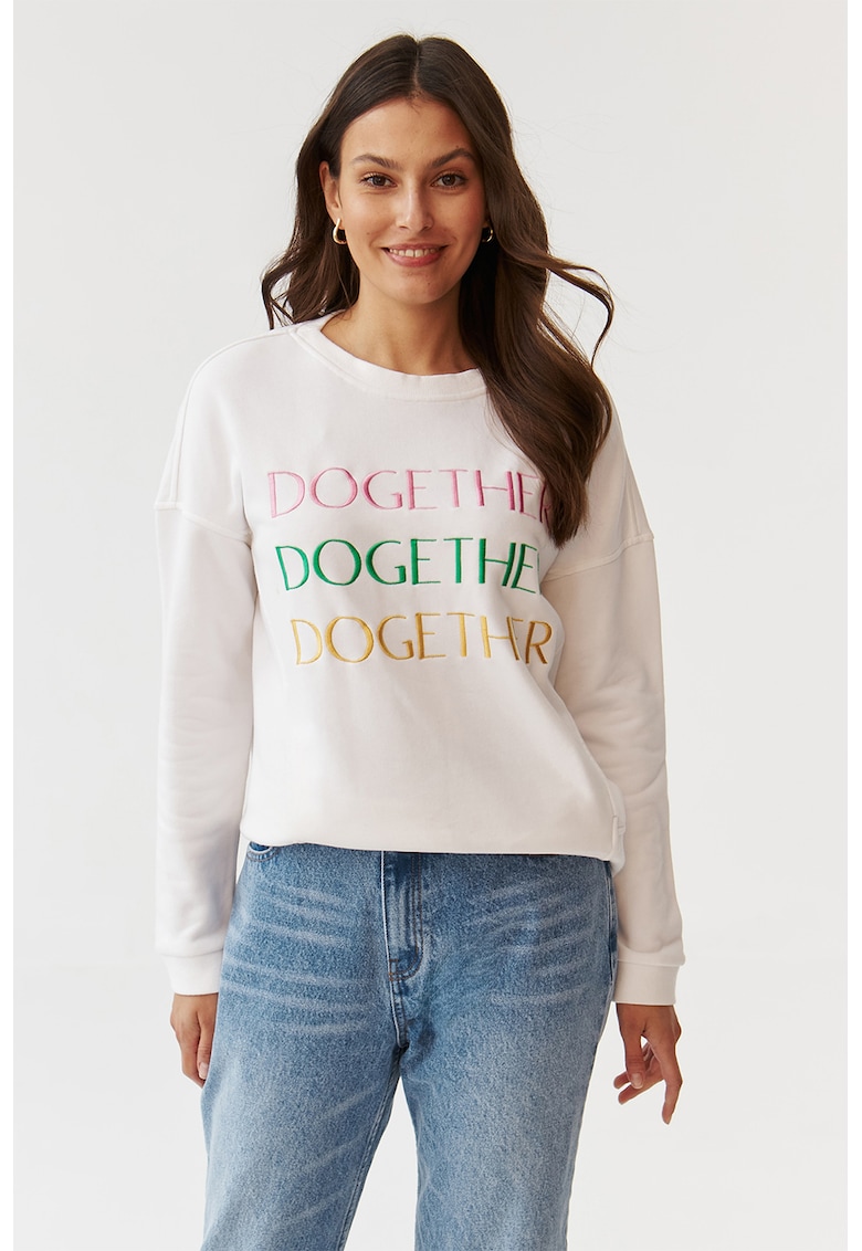 Bluza sport cu decolteu la baza gatului - cu text brodat - Alb/Verde