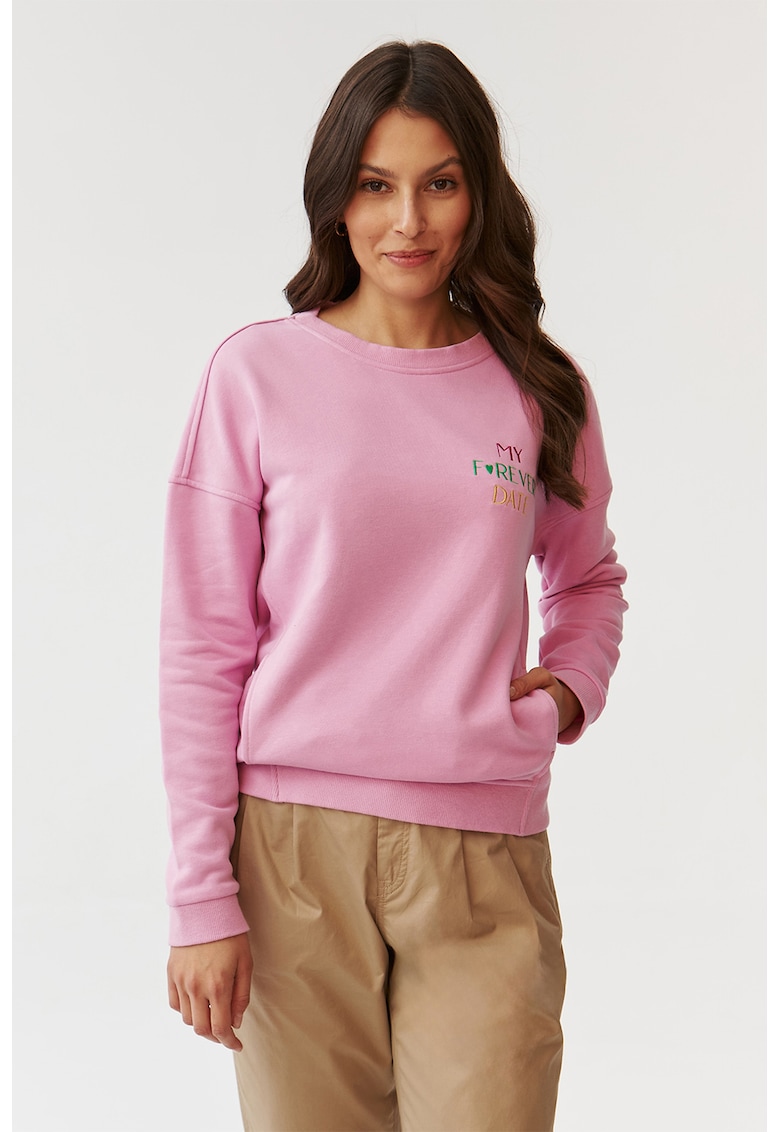 Bluza sport cu decolteu la baza gatului - cu text brodat - Roz pastel