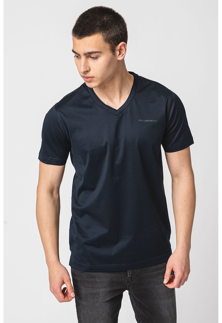 Tricou din bumbac cu decolteu in V - Albastru ultramarin