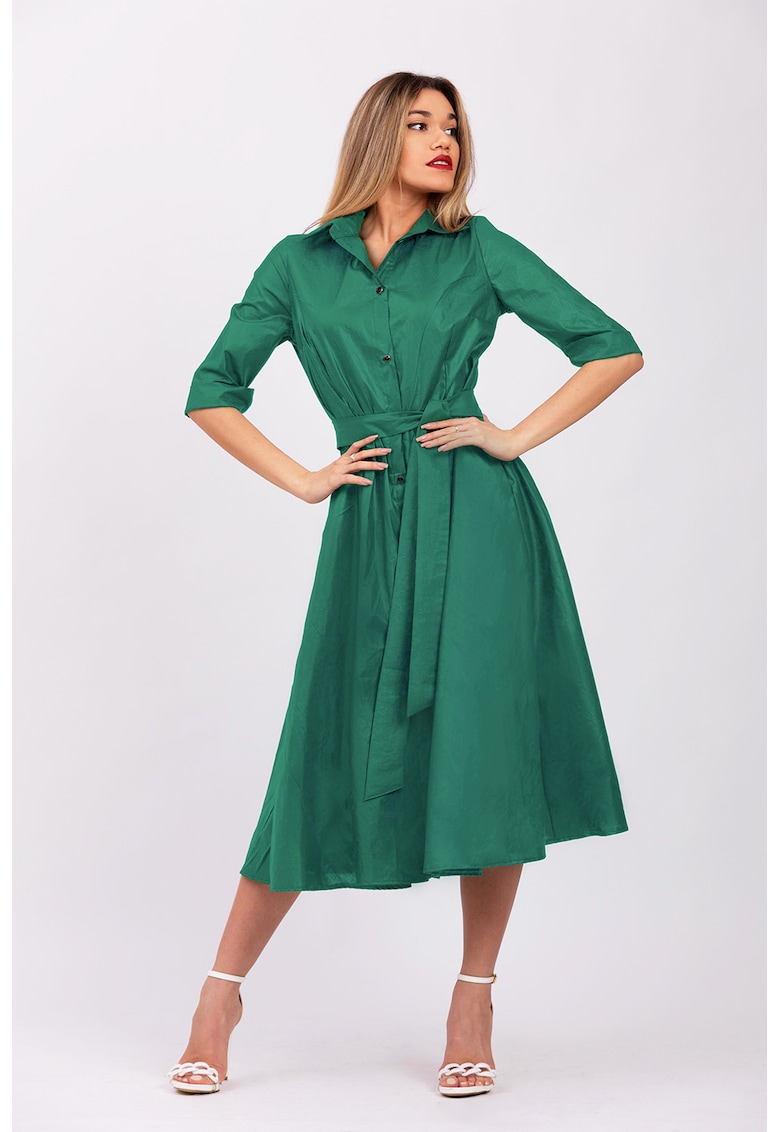 Rochie-camasa evazata cu cordon in talie - Verde aquamarin