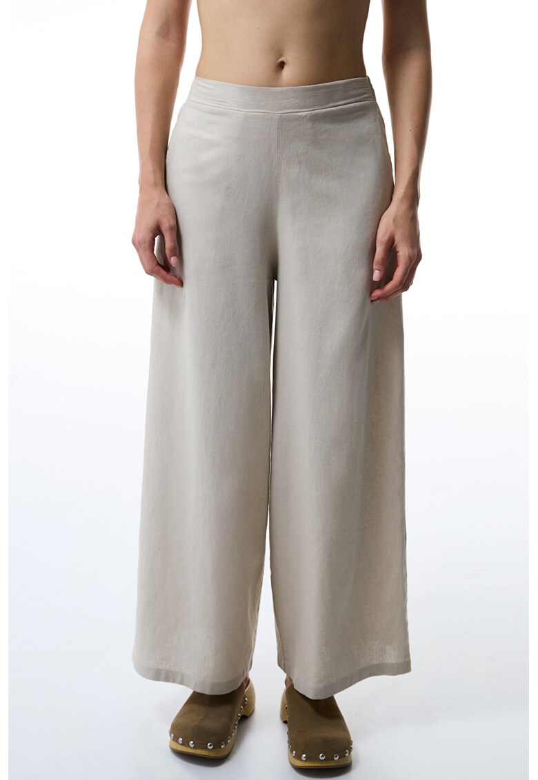 Pantaloni din amestec de in cu talie medie - Maro taupe deschis
