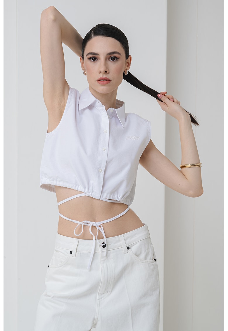 Bluza crop fara maneci cu guler ascutit - Alb optic