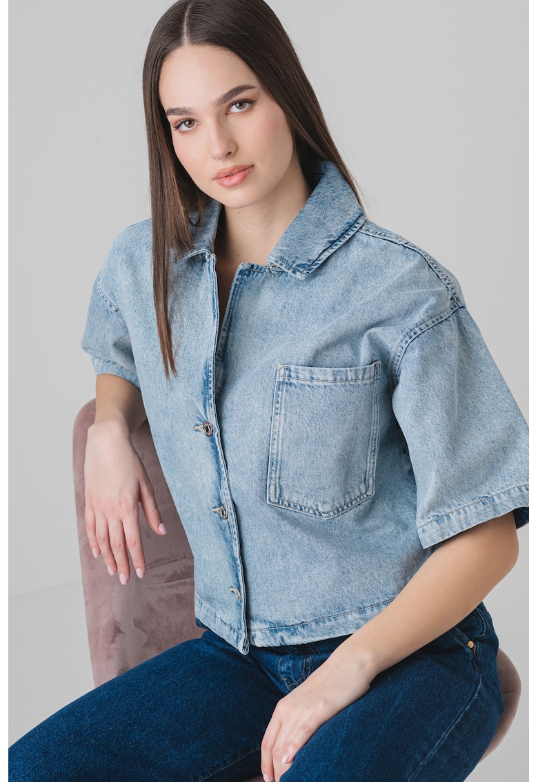 Camasa din denim cu maneci cazute - Albastru melange