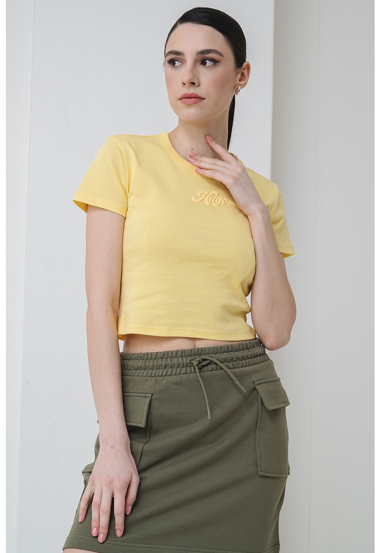 Tricou crop cu imprimeu logo - Galben deschis