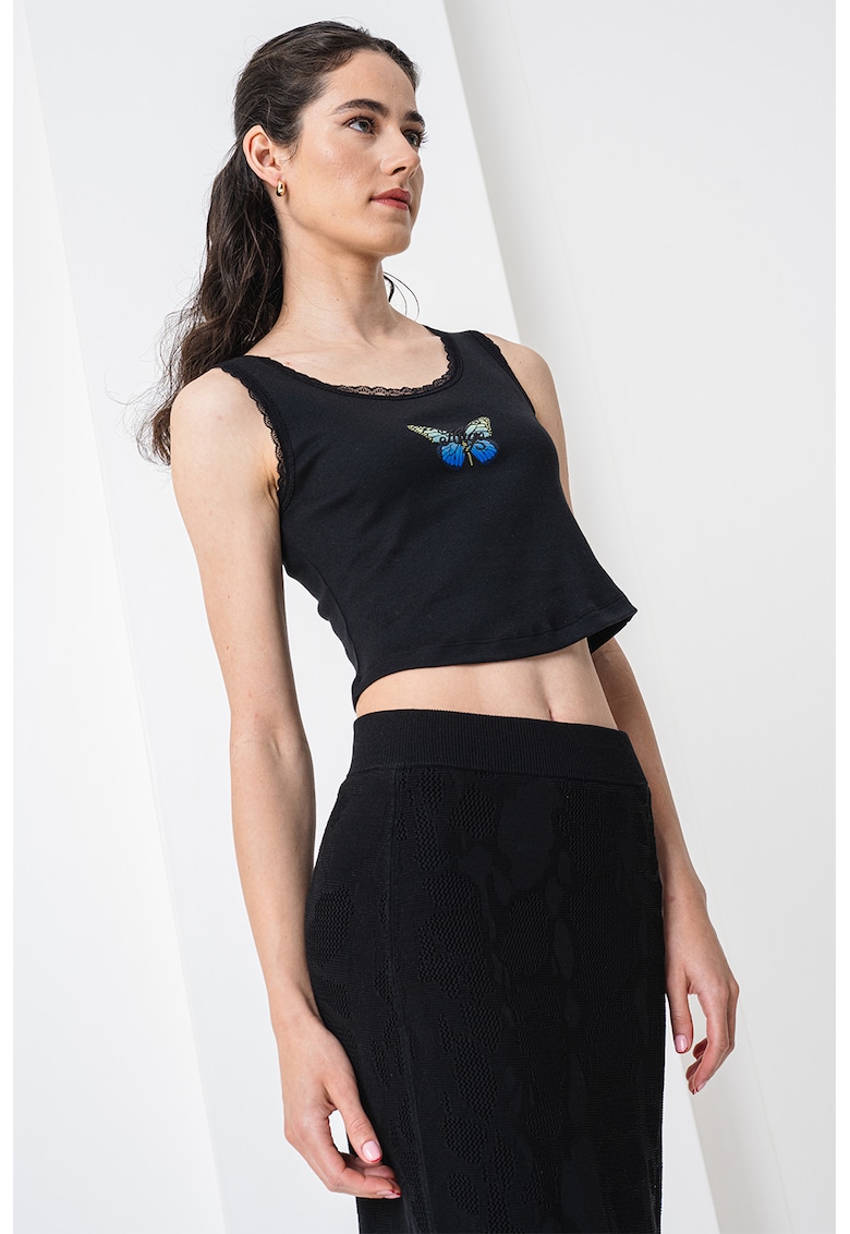 Top crop cu imprimeu Delarina - Negru