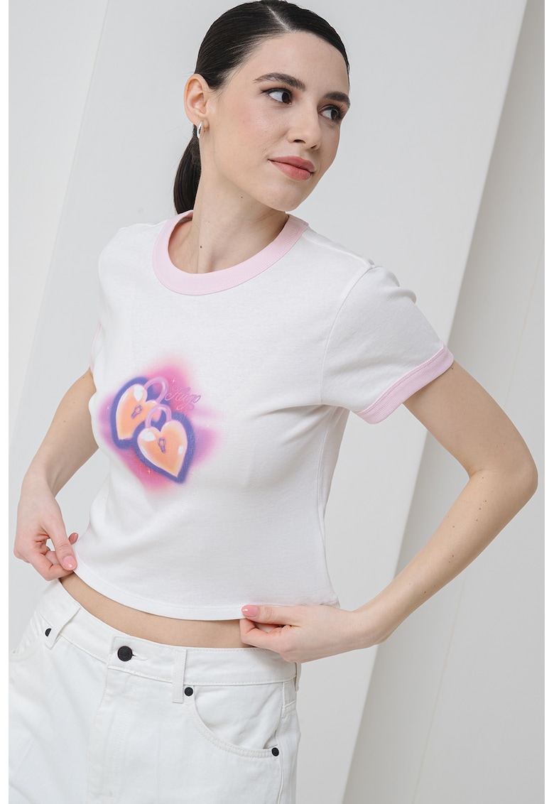 Tricou crop cu imprimeu cu inimi - Alb/Galben pal/Albastru