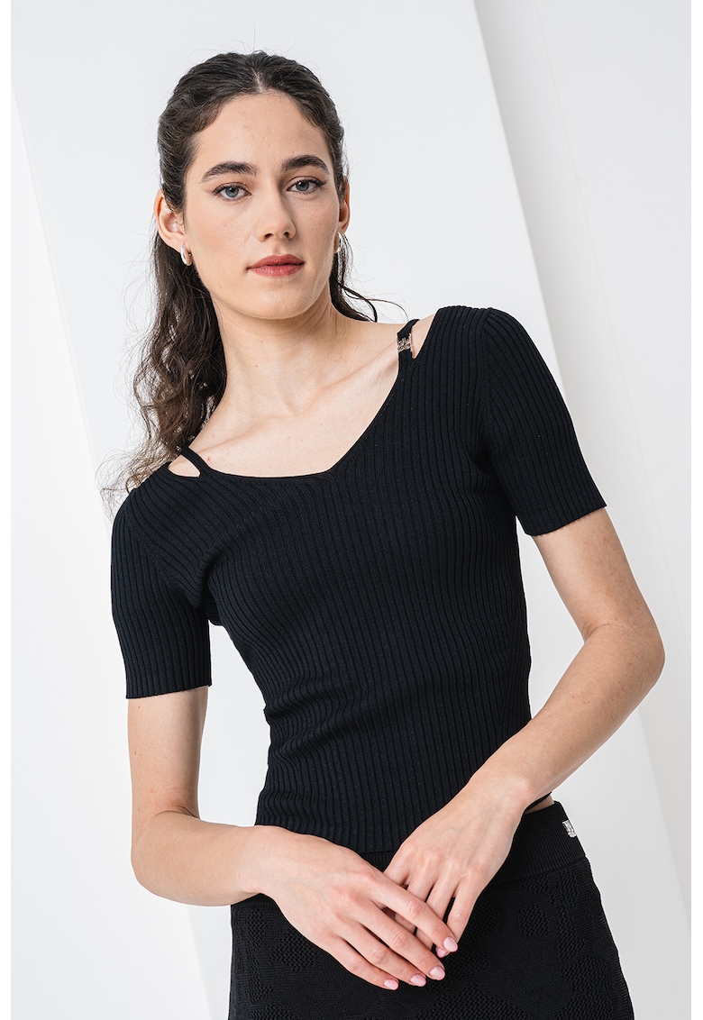 Tricou striat cu decolteu in V Shata - Negru
