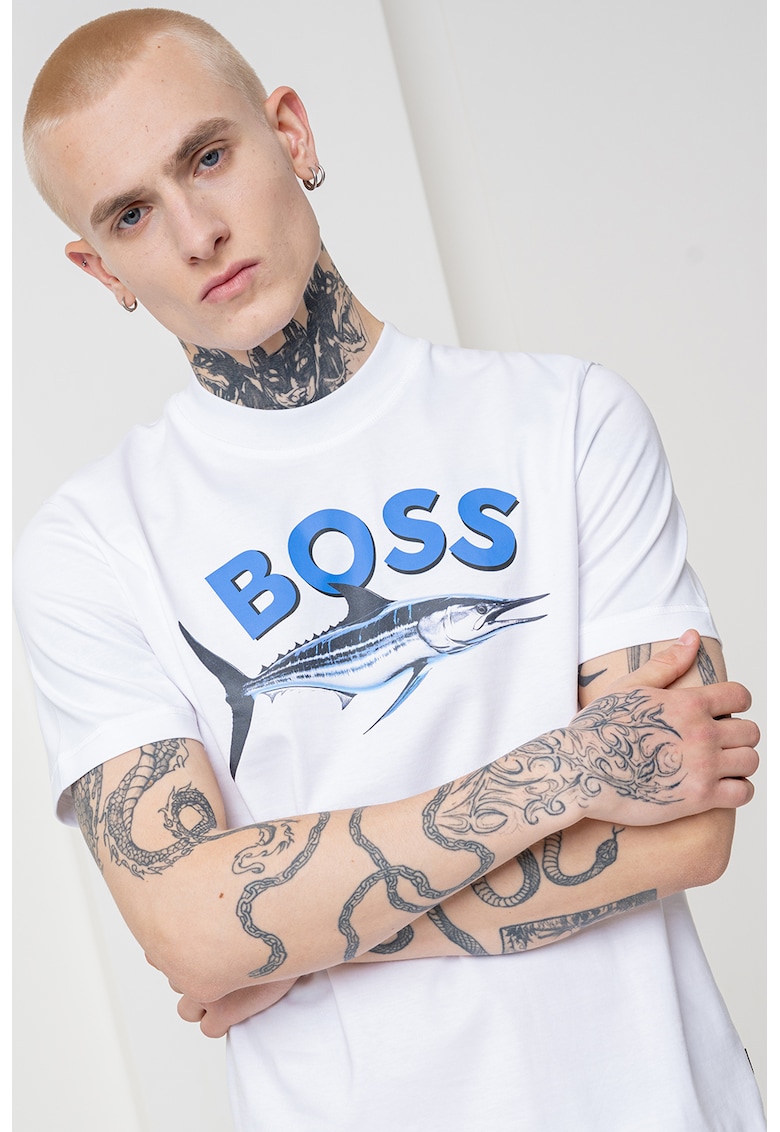 Tricou slim fit cu imprimeu - Alb optic/Albastru