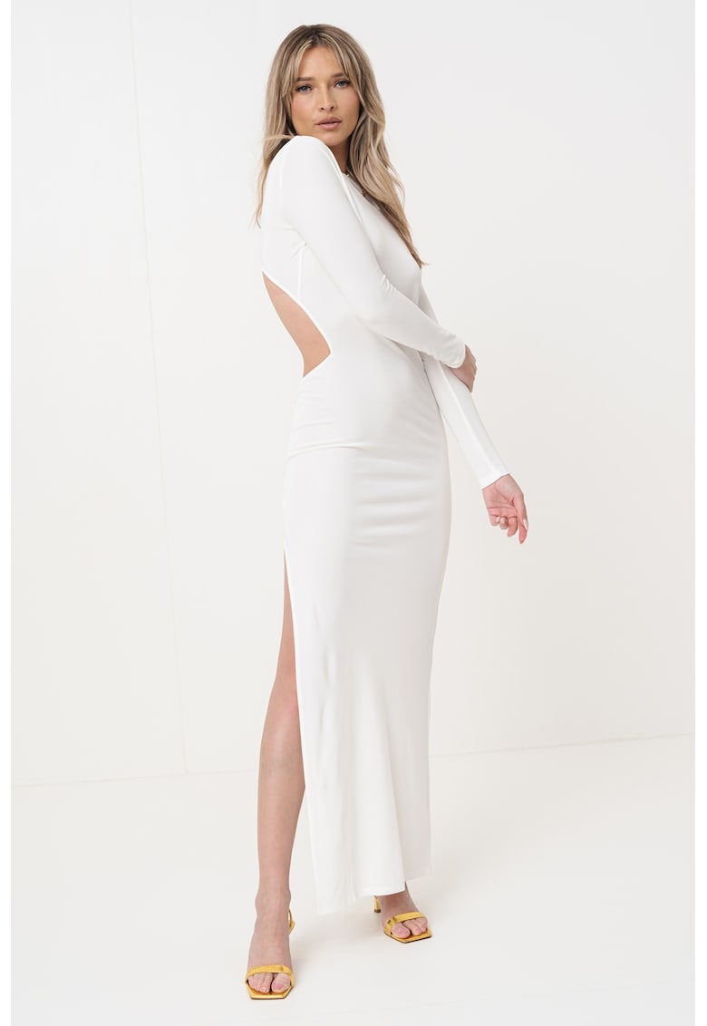 Rochie maxi cambrata cu slit lateral si decupaj pe spate - Alb murdar