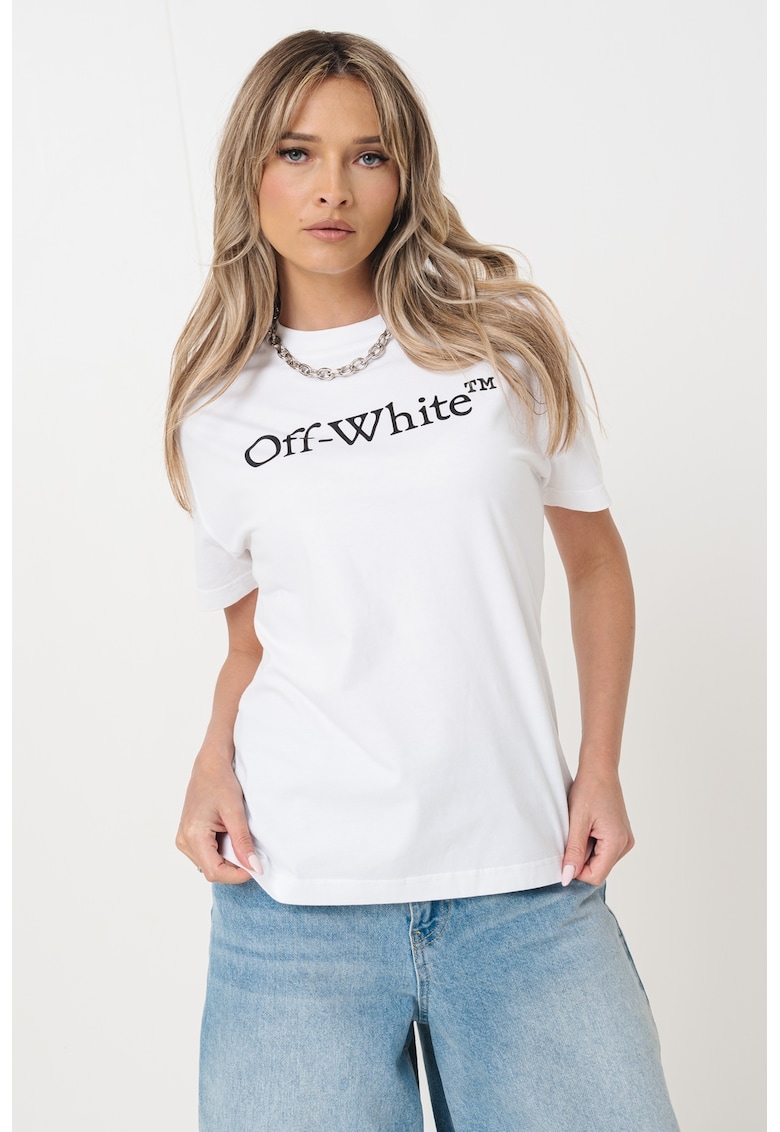 Tricou cu imprimeu text si decolteu la baza gatului - Alb/Negru stins