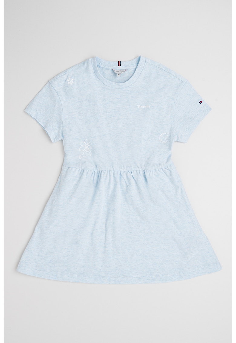 Rochie evazata de bumbac cu imprimeu text - Albastru glaciar