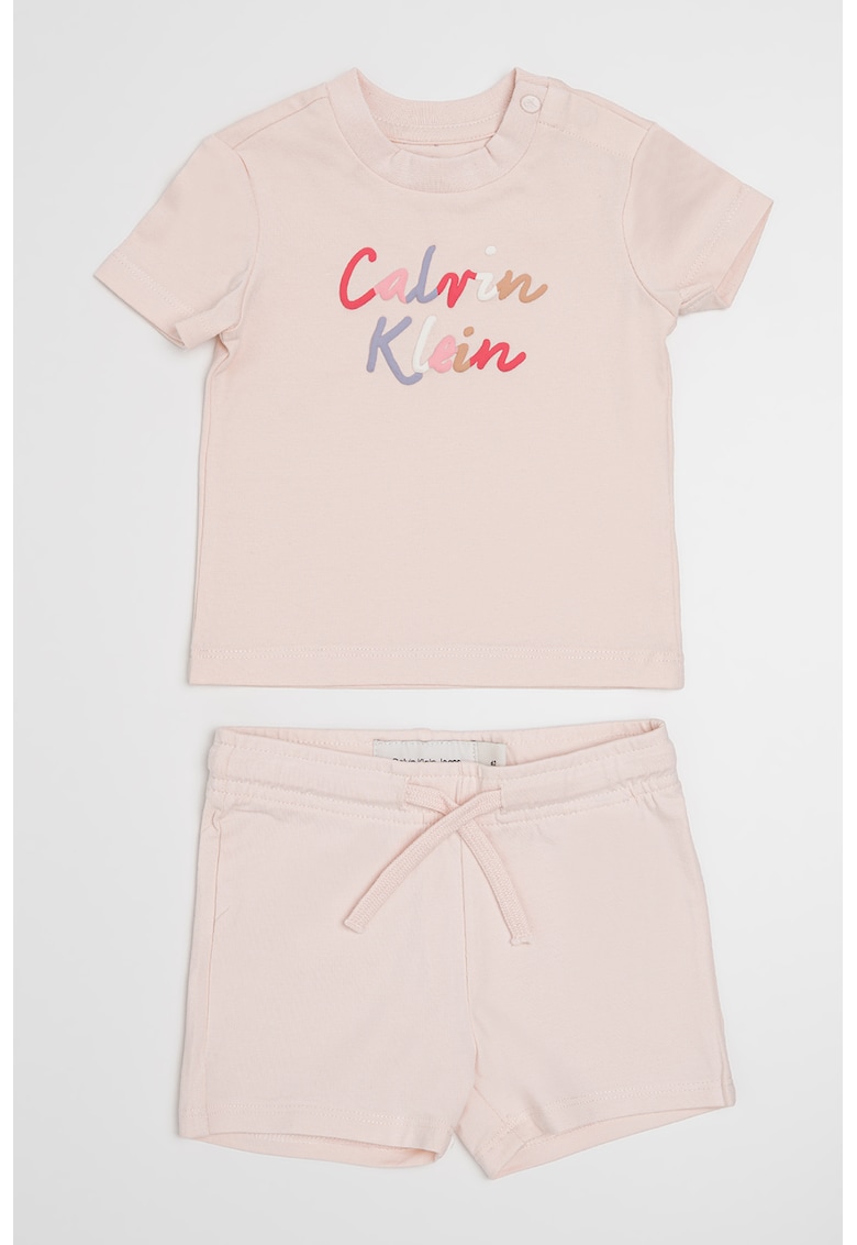 Set de pantaloni scurti si tricou cu imprimeu logo - 2 Piese - Roz pal