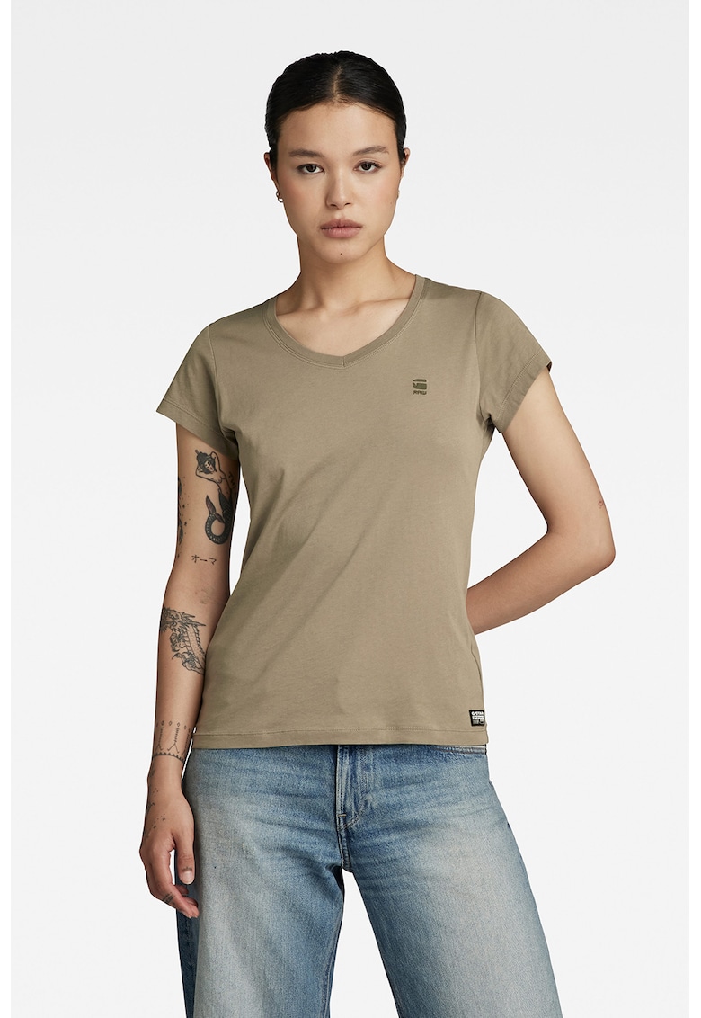 Tricou de bumbac organic cu decolteu in V Eyben - Maro taupe deschis