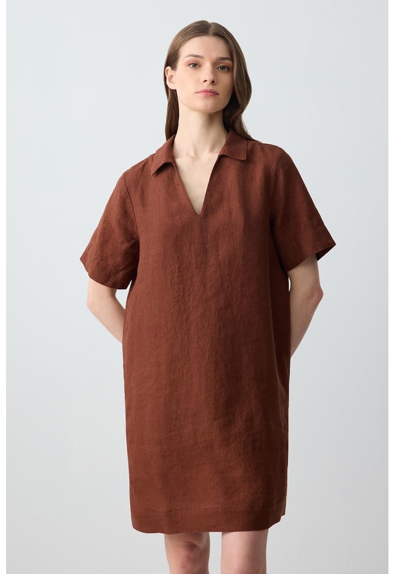 Rochie scurta dreapta de in - Maro cognac