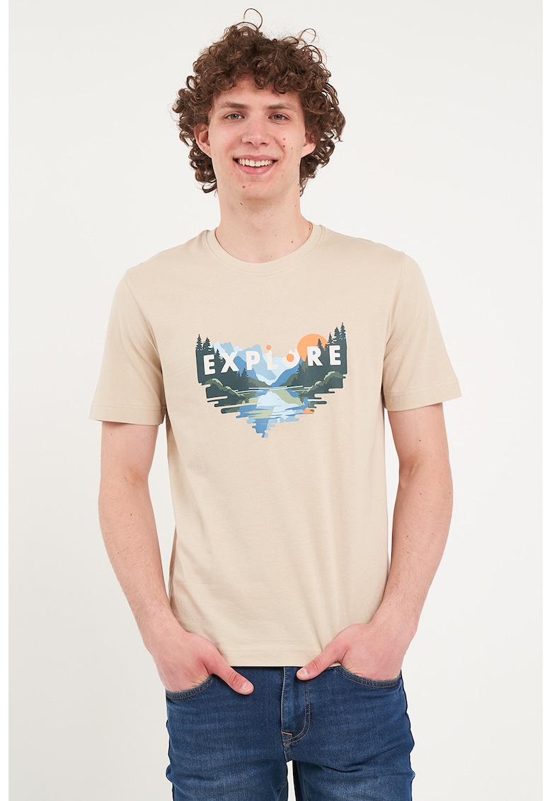 Tricou cu decolteu la baza gatului si model grafic - Verde inchis/Maro nisip
