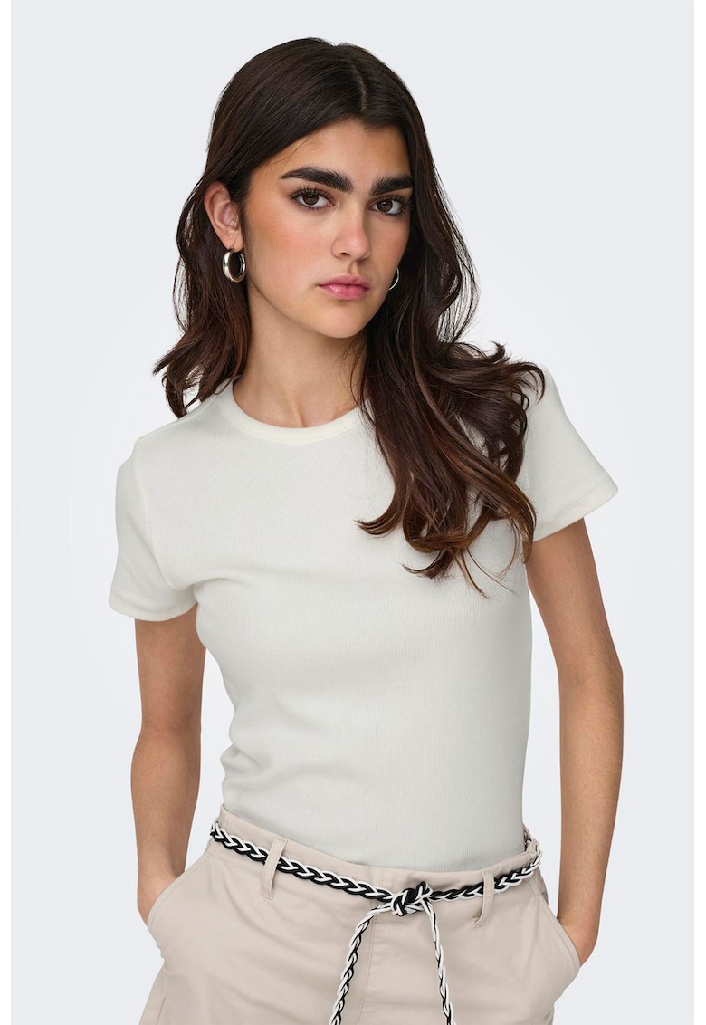 Tricou striat cu decolteu la baza gatului - Alb murdar