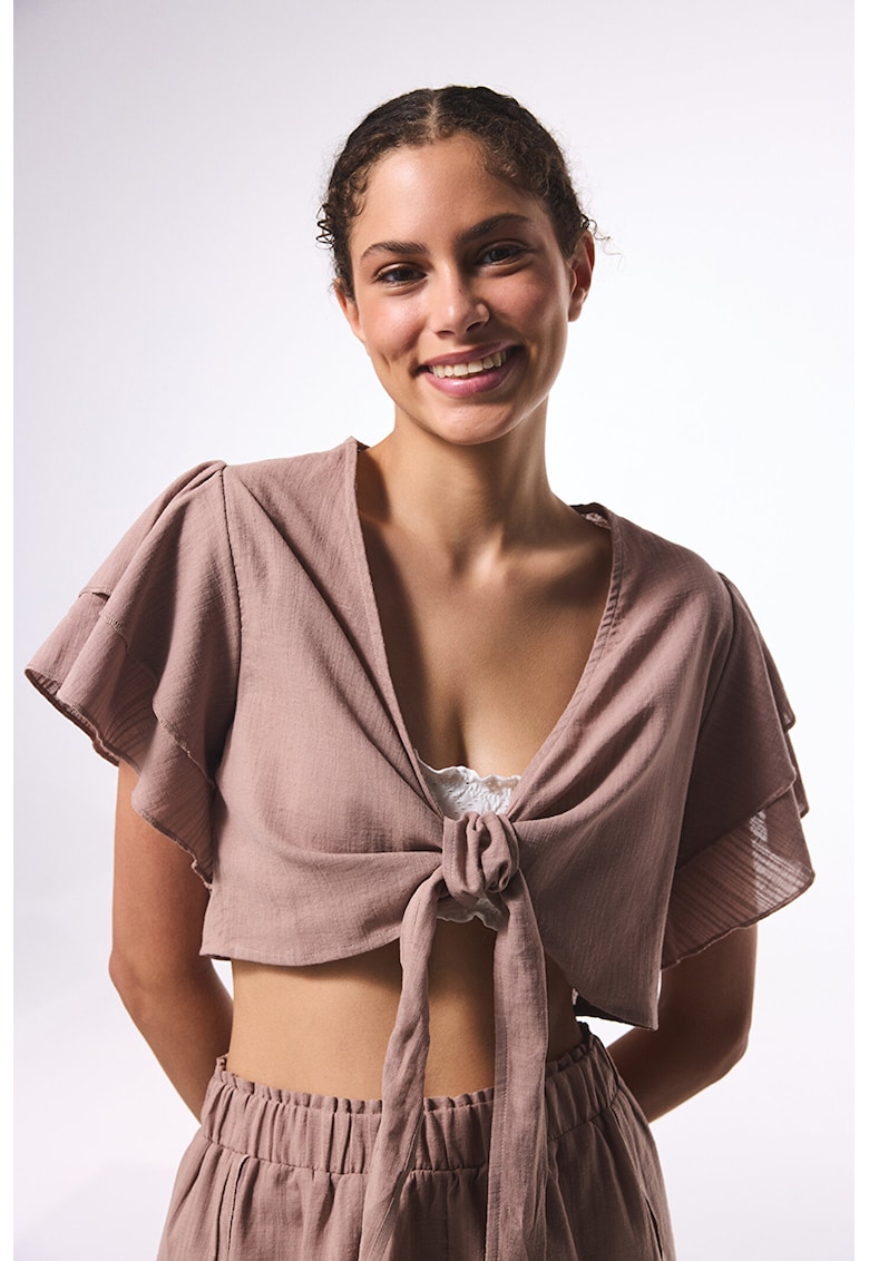 Bluza crop cu prindere si maneci cu volane - Roz prafuit