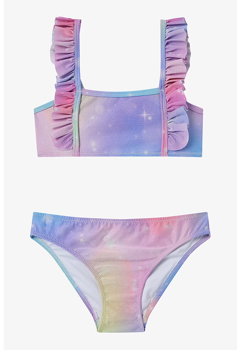 Costum de baie din doua piese - cu volane - Violet/Galben pal/Roz prafuit