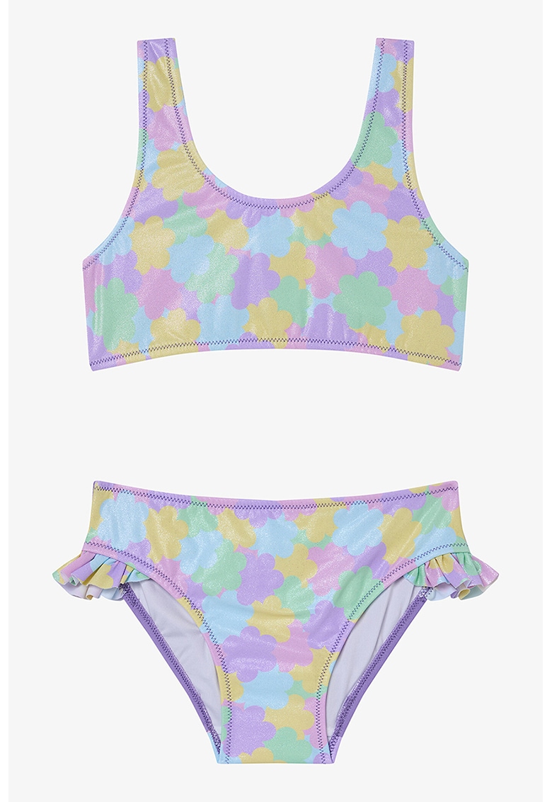 Costum de baie cu doua piese - Albastru pastel/Violet/Galben mustar