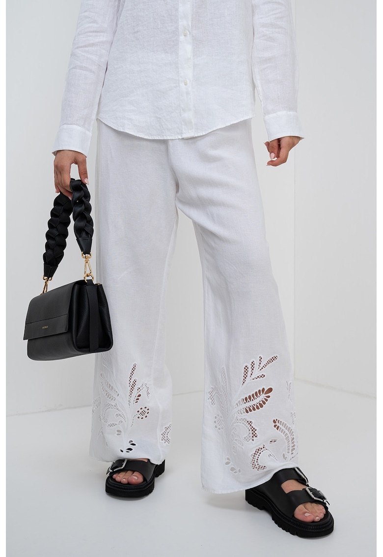 Pantaloni din amestec de in cu broderie - Alb