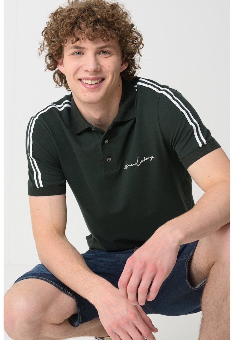 Tricou polo cu dungi contrastante - Alb/Verde inchis