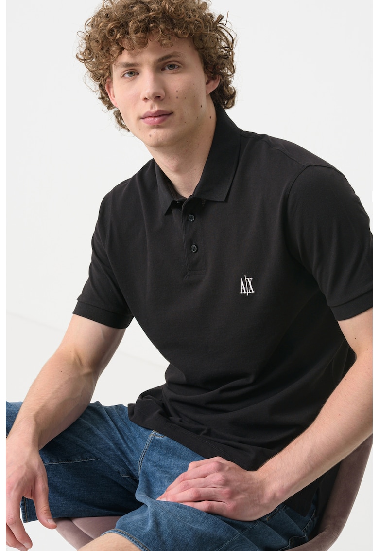 Tricou cu logo si guler polo - Negru
